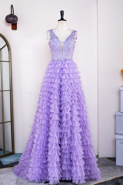 Lavender Plunging V Neck Layers Appliques Long Prom Dress with Slit