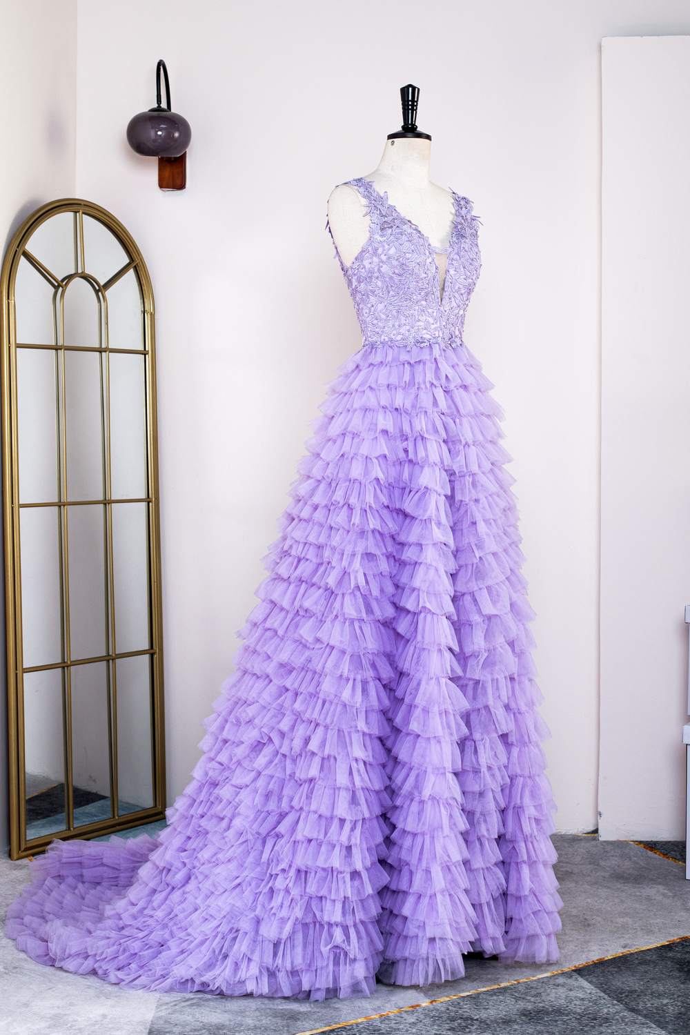 Lavender Plunging V Neck Layers Appliques Long Prom Dress with Slit