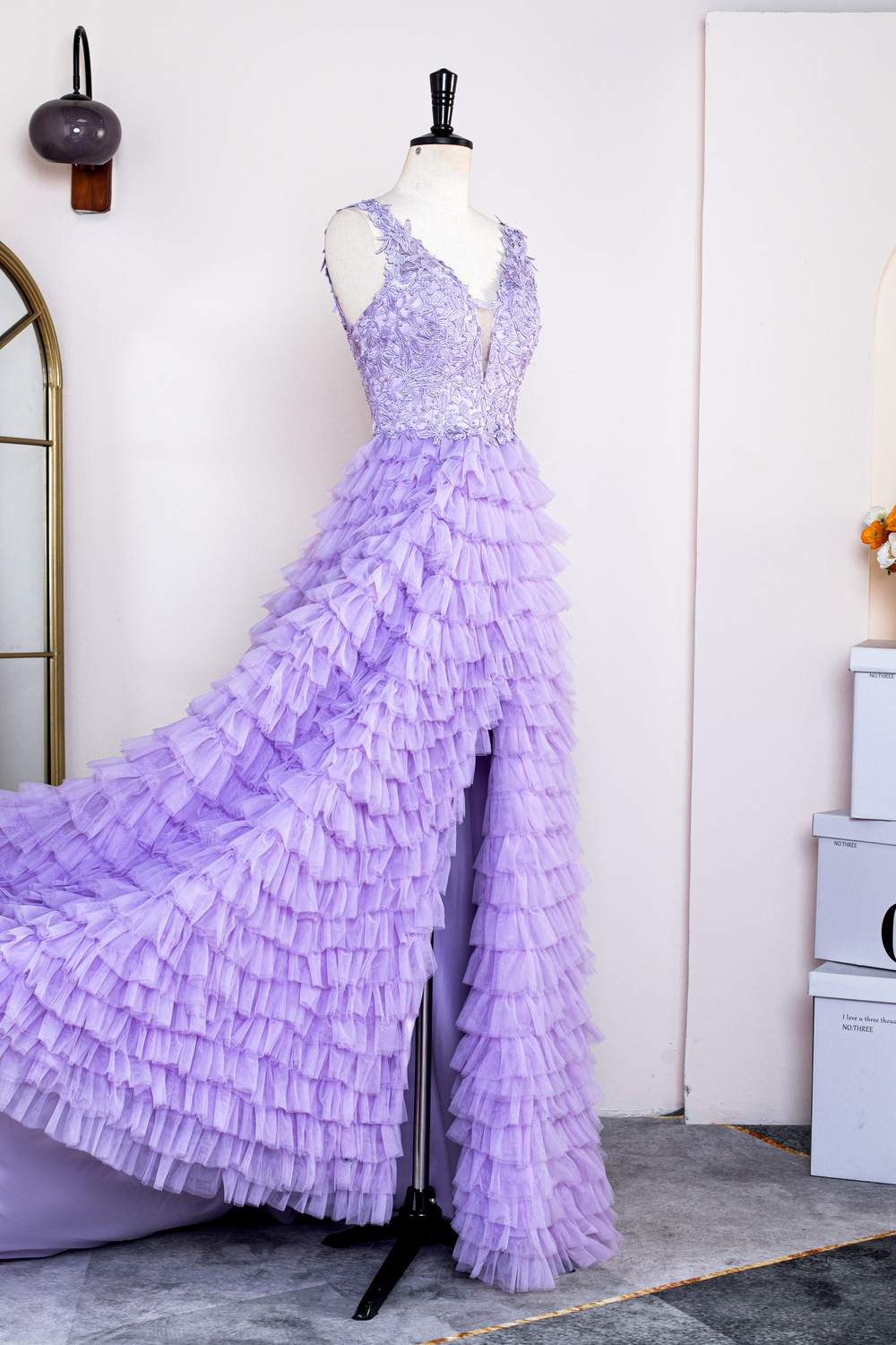 Lavender Plunging V Neck Layers Appliques Long Prom Dress with Slit