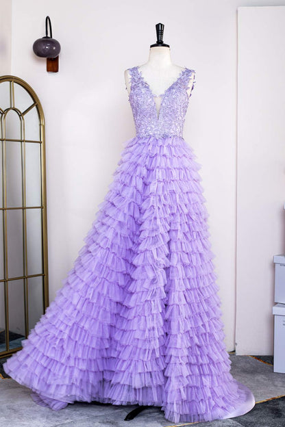 Lavender Plunging V Neck Layers Appliques Long Prom Dress with Slit