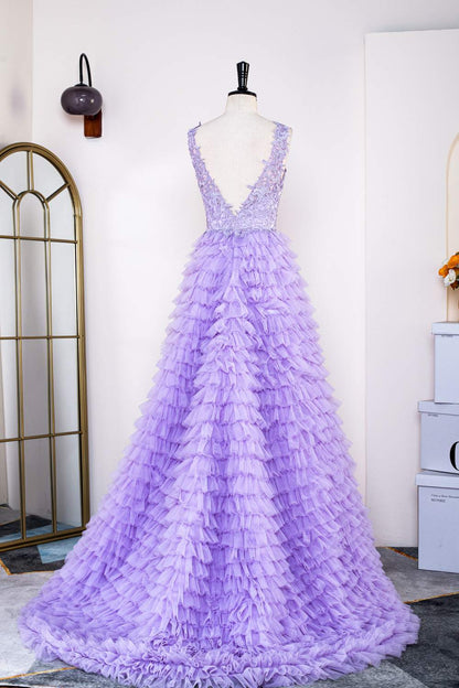 Lavender Plunging V Neck Layers Appliques Long Prom Dress with Slit