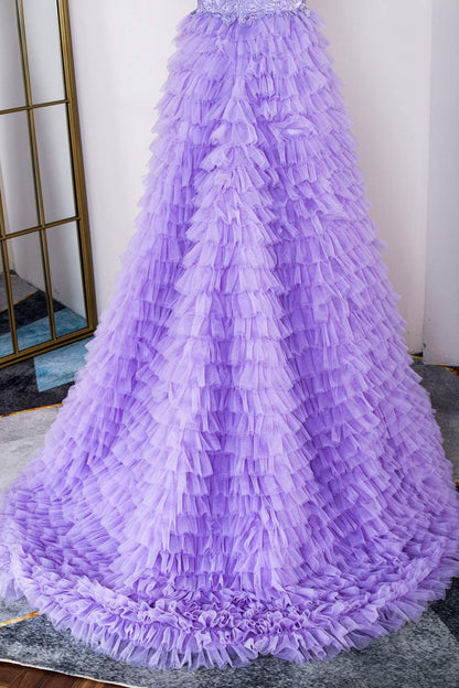 Lavender Plunging V Neck Layers Appliques Long Prom Dress with Slit