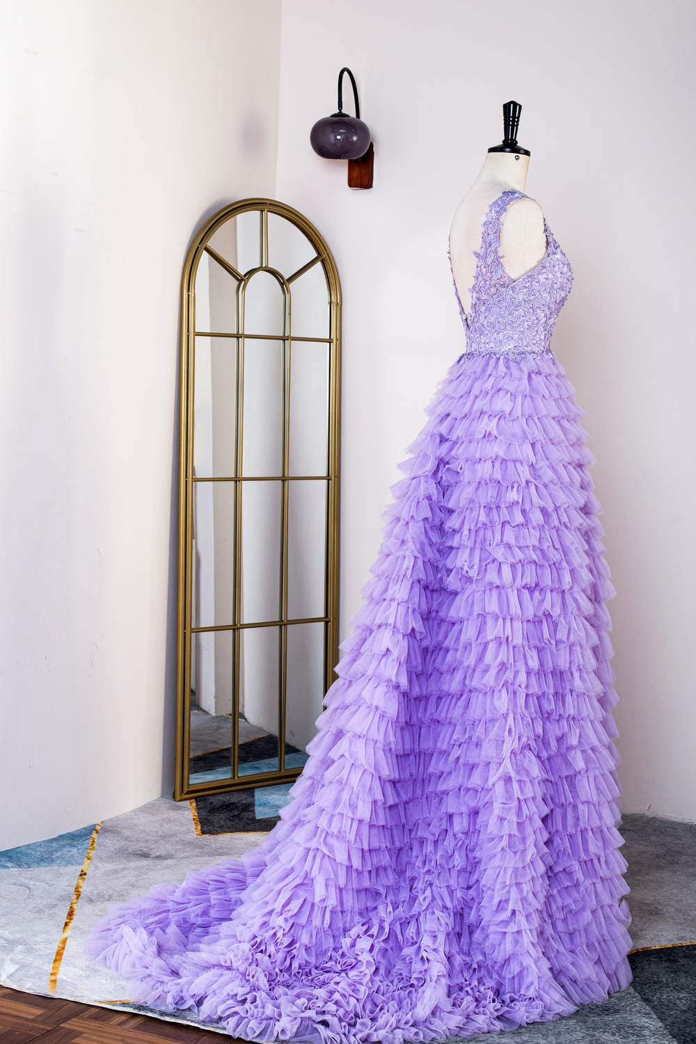 Lavender Plunging V Neck Layers Appliques Long Prom Dress with Slit