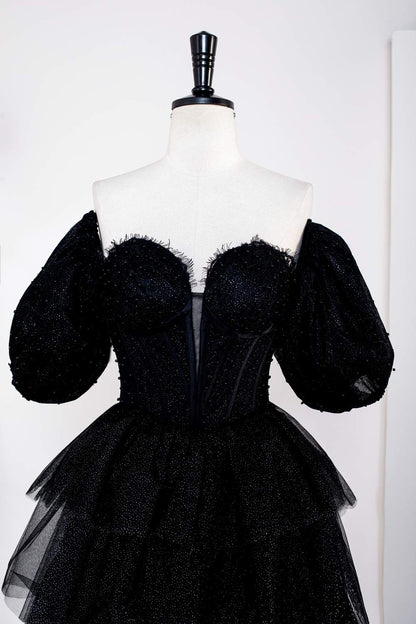 Sparkly Black Off-Shoulder Puff Sleeves Layers Long Prom Dress