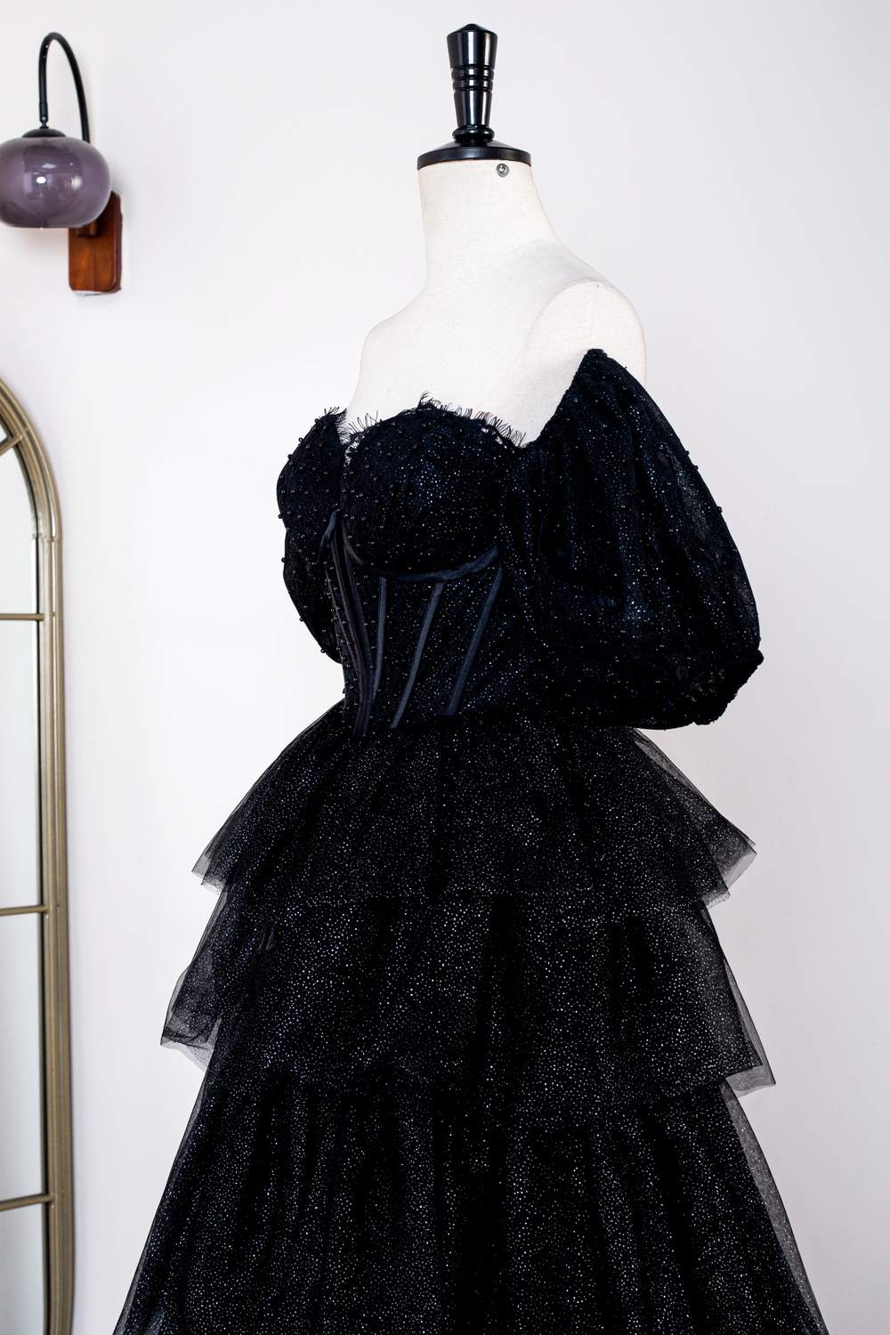 Sparkly Black Off-Shoulder Puff Sleeves Layers Long Prom Dress