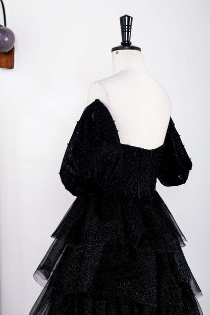 Sparkly Black Off-Shoulder Puff Sleeves Layers Long Prom Dress