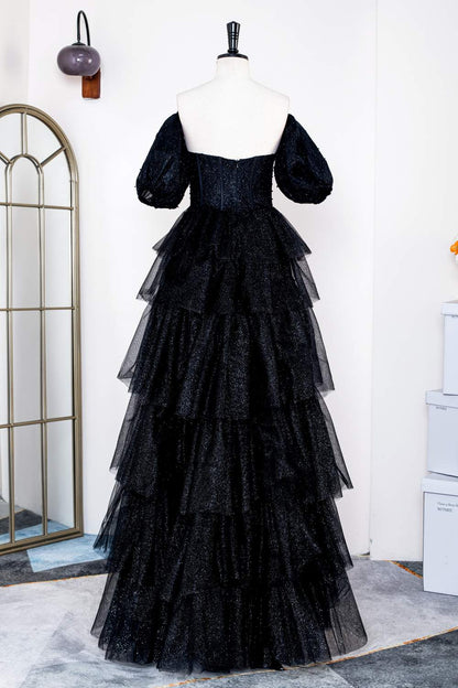 Sparkly Black Off-Shoulder Puff Sleeves Layers Long Prom Dress