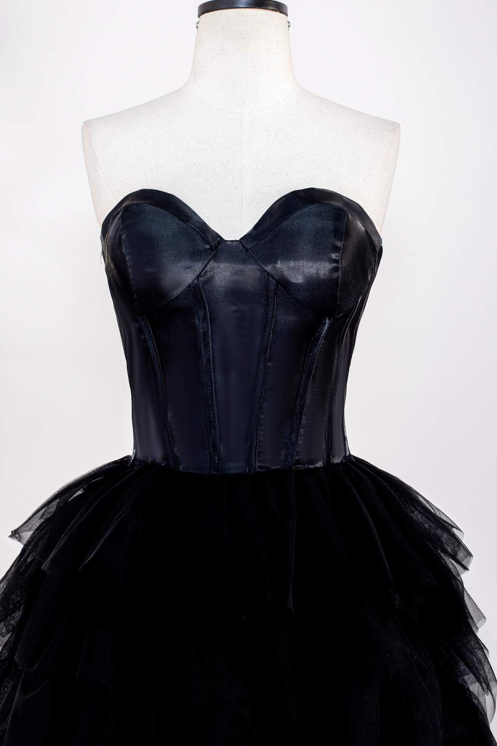 Black Strapless Satin Top Layers Long Prom Dress