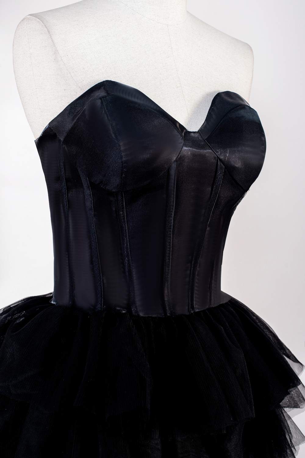 Black Strapless Satin Top Layers Long Prom Dress