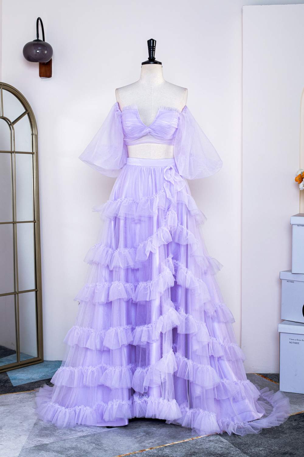 Lavender Off-Shoulder Layers Two-Piece Puff Sleeves Long Prom Dress with Slit