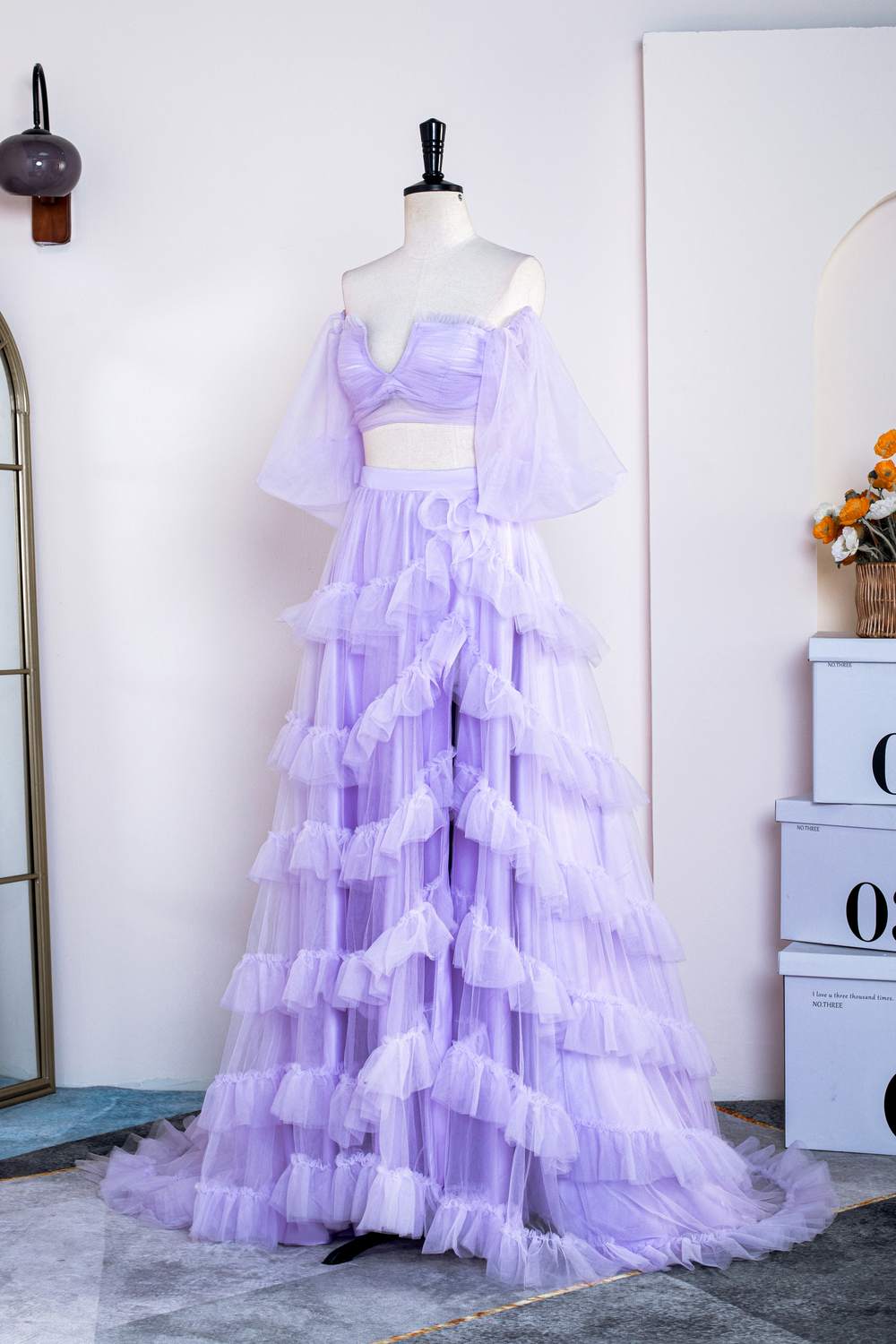 Lavender Off-Shoulder Layers Two-Piece Puff Sleeves Long Prom Dress with Slit