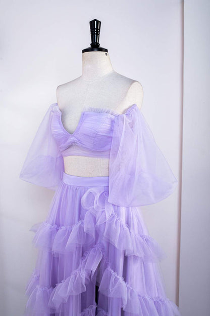 Lavender Off-Shoulder Layers Two-Piece Puff Sleeves Long Prom Dress with Slit