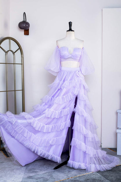 Lavender Off-Shoulder Layers Two-Piece Puff Sleeves Long Prom Dress with Slit