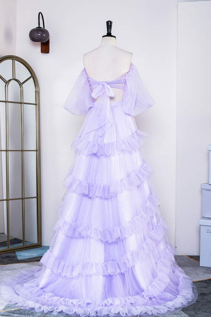 Lavender Off-Shoulder Layers Two-Piece Puff Sleeves Long Prom Dress with Slit