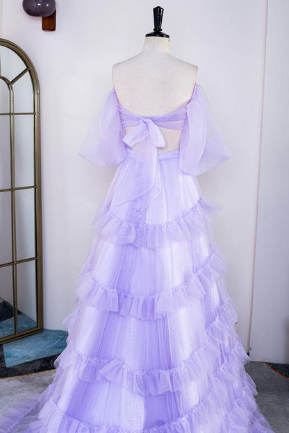 Lavender Off-Shoulder Layers Two-Piece Puff Sleeves Long Prom Dress with Slit