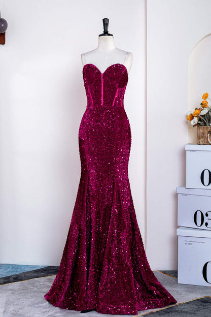 Fuchsia Strapless Sequins Mermaid Long Prom Dress