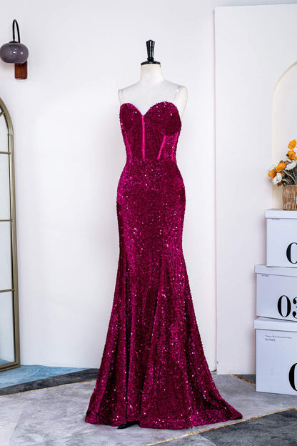 Fuchsia Strapless Sequins Mermaid Long Prom Dress