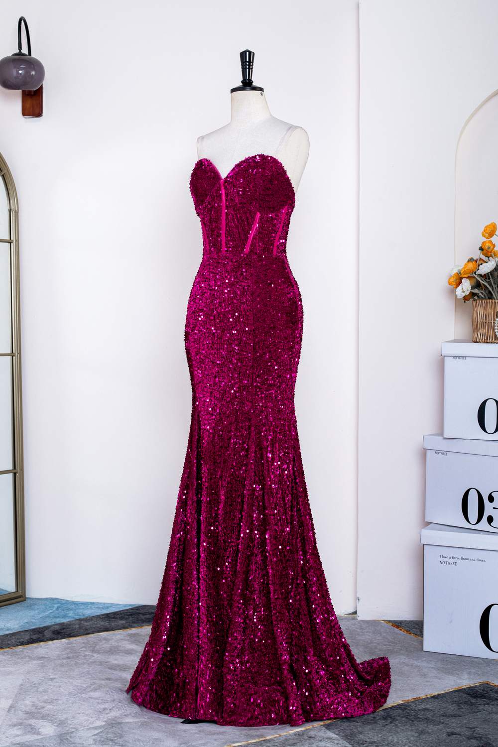 Fuchsia Strapless Sequins Mermaid Long Prom Dress