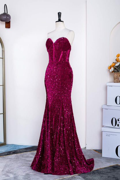 Fuchsia Strapless Sequins Mermaid Long Prom Dress