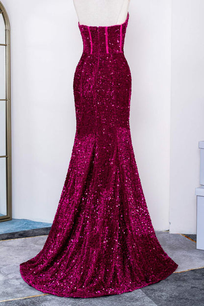 Fuchsia Strapless Sequins Mermaid Long Prom Dress