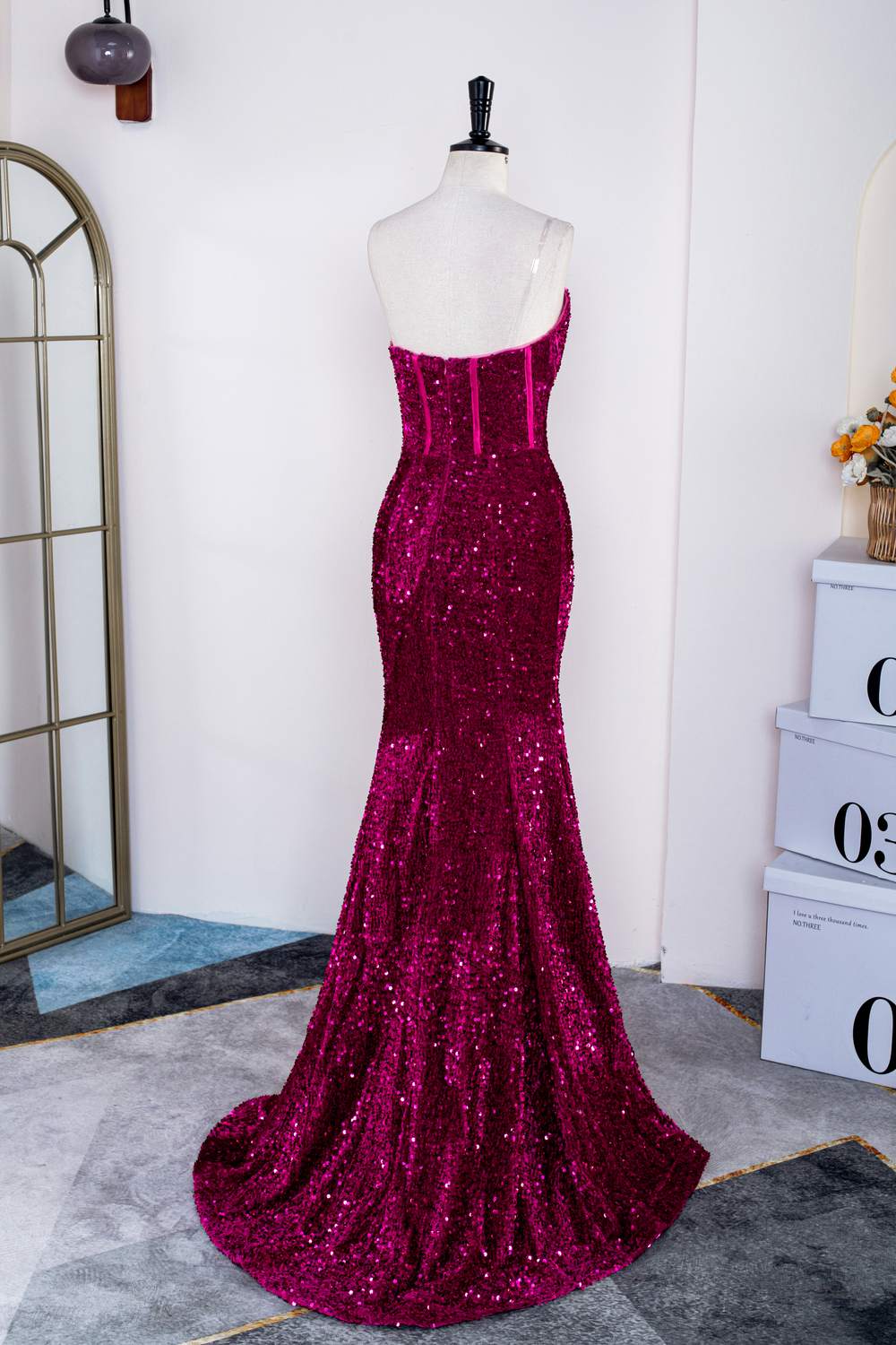 Fuchsia Strapless Sequins Mermaid Long Prom Dress