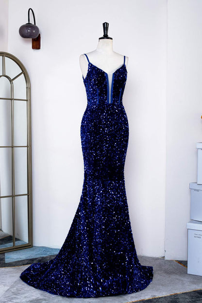 Royal Blue Mermaid Spaghetti Straps Sequins Long Prom Dress