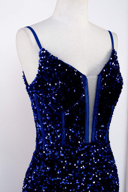 Royal Blue Mermaid Spaghetti Straps Sequins Long Prom Dress