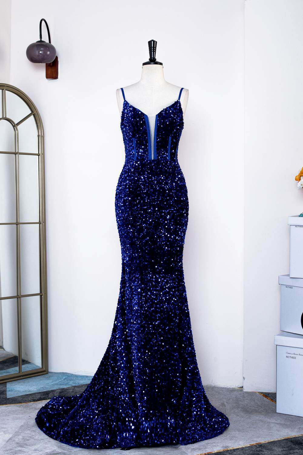 Royal Blue Mermaid Spaghetti Straps Sequins Long Prom Dress