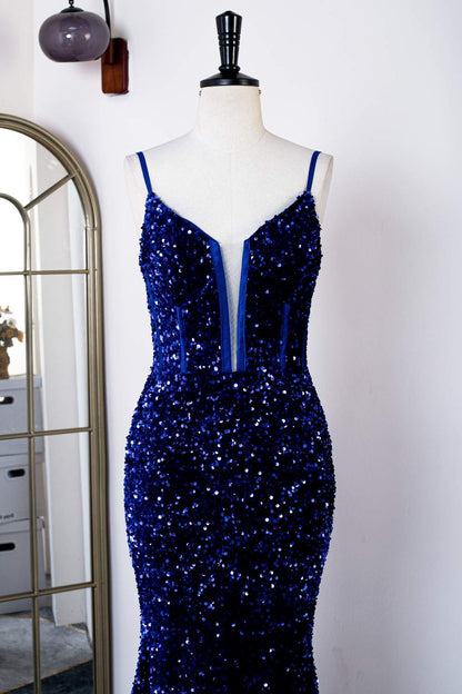 Royal Blue Mermaid Spaghetti Straps Sequins Long Prom Dress