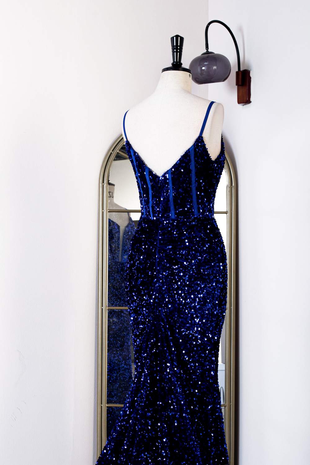 Royal Blue Mermaid Spaghetti Straps Sequins Long Prom Dress