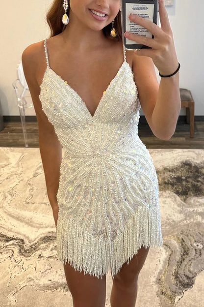 Sheath Spaghetti Straps White Sequins Short Homecoming Dress with Tassel