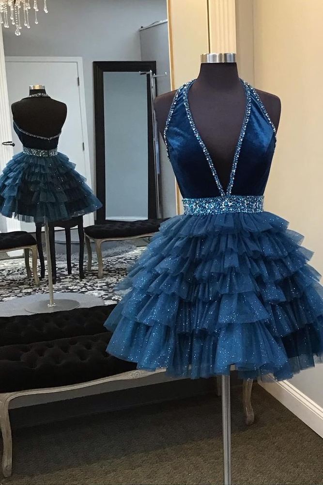 Halter Turquoise Beaded A-line Short Ruffle Homecoming Dress