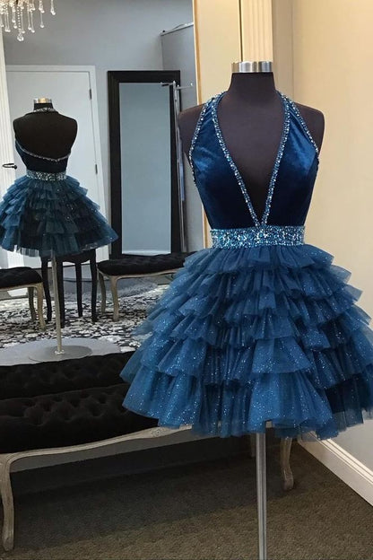 Halter Turquoise Beaded A-line Short Ruffle Homecoming Dress