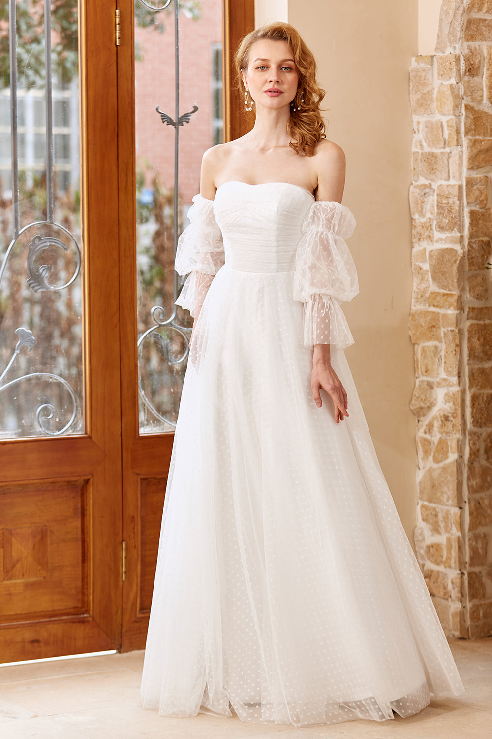 White Tulle Off Shoulder Wedding Dress