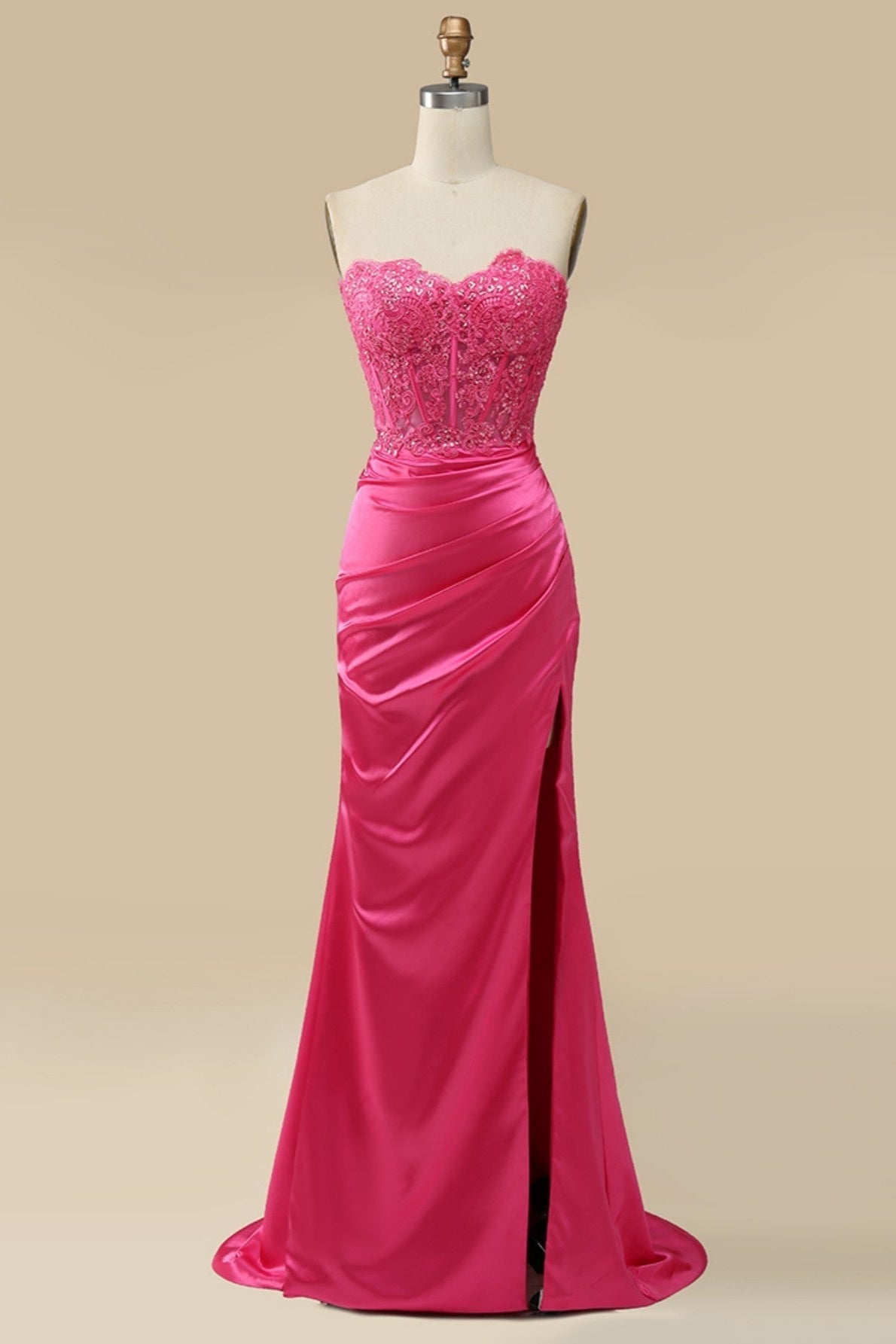 Fuchsia Strapless Appliques Mermaid Long Prom Dress with Slit