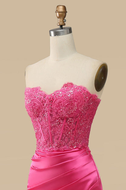 Fuchsia Strapless Appliques Mermaid Long Prom Dress with Slit