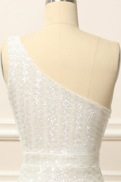 Mermaid One Shoulder White Sequins Long Prom Dress