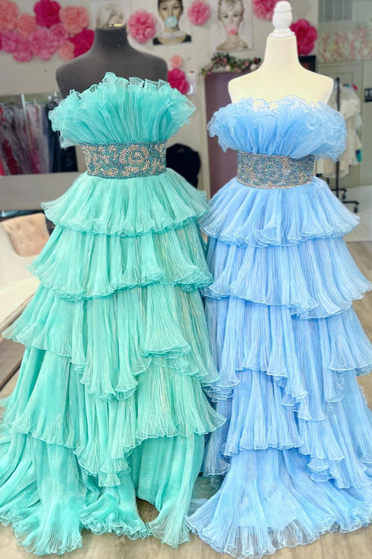 Mint Green Ruffled Strapless Layers Long Prom Dress with Beaded Waistband