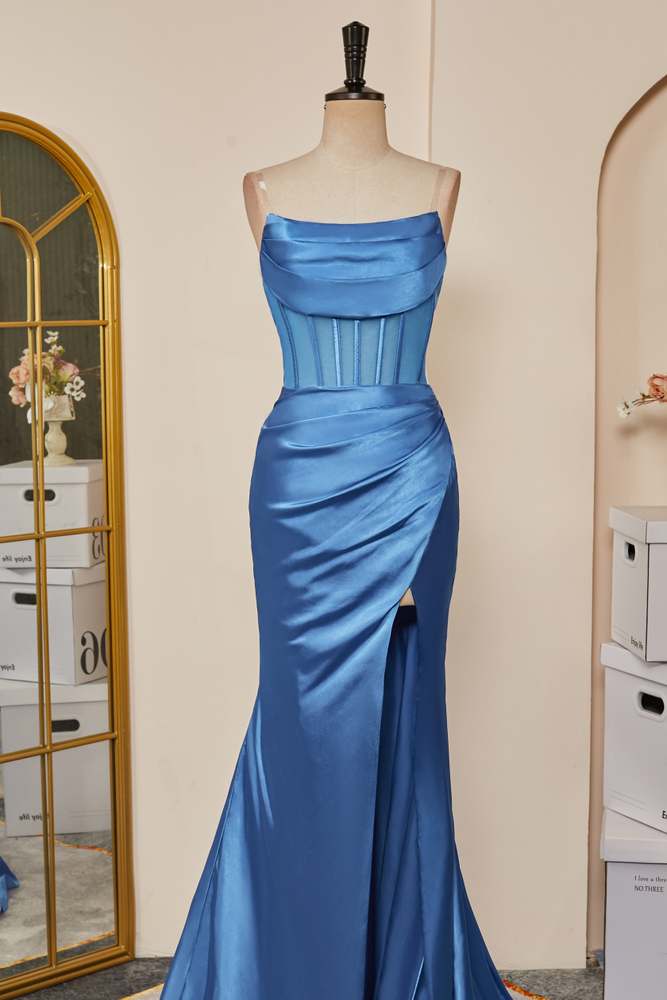 Blue Strapless Mermaid Boned Satin Long Prom Dress with Slit