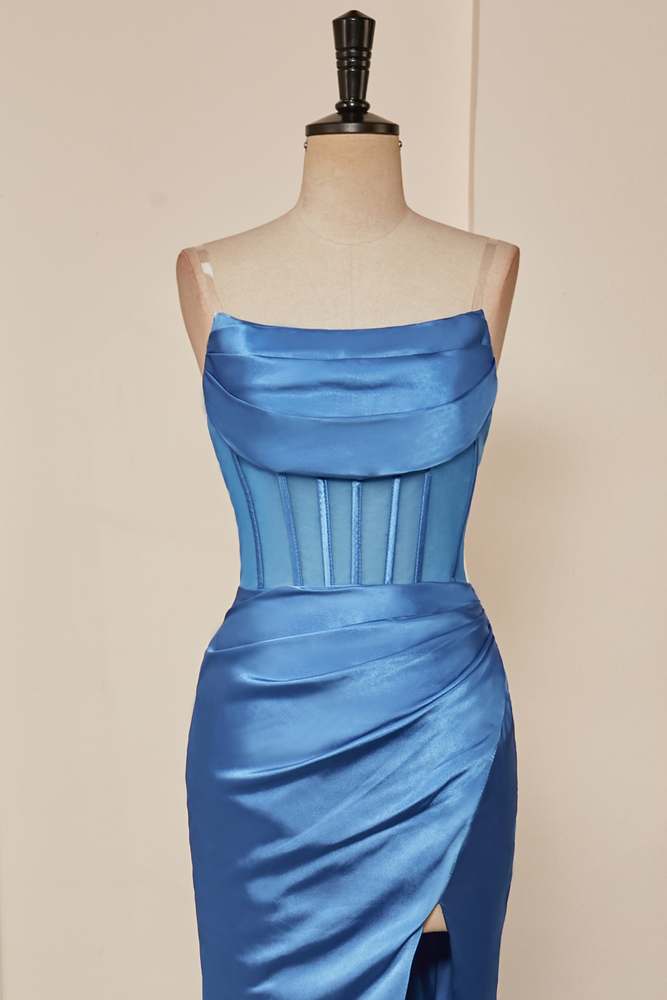 Blue Strapless Mermaid Boned Satin Long Prom Dress with Slit