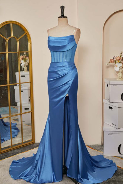 Blue Strapless Mermaid Boned Satin Long Prom Dress with Slit