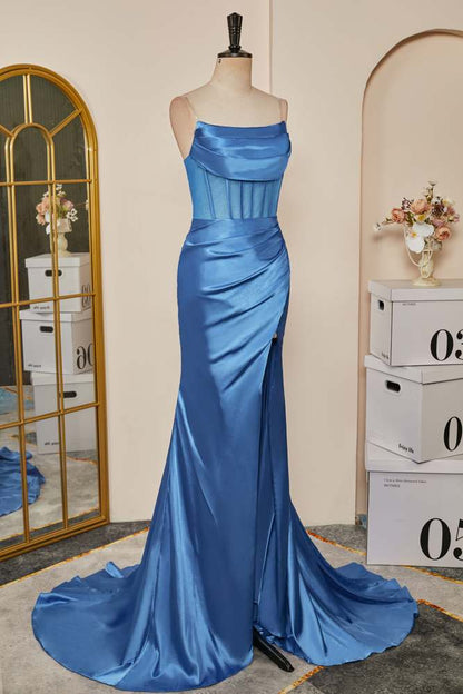 Blue Strapless Mermaid Boned Satin Long Prom Dress with Slit