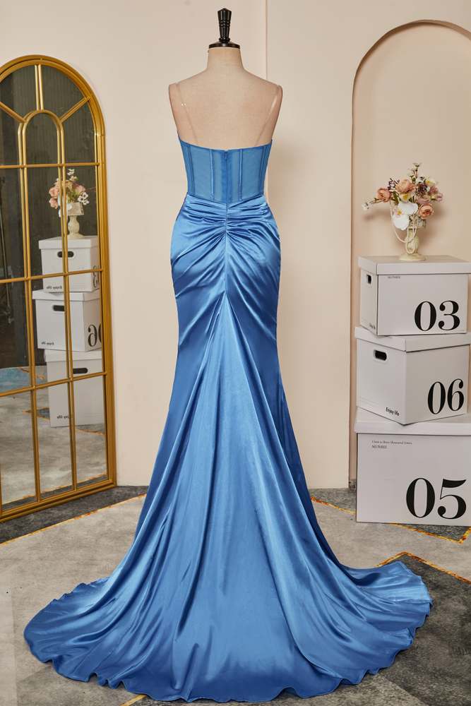 Blue Strapless Mermaid Boned Satin Long Prom Dress with Slit