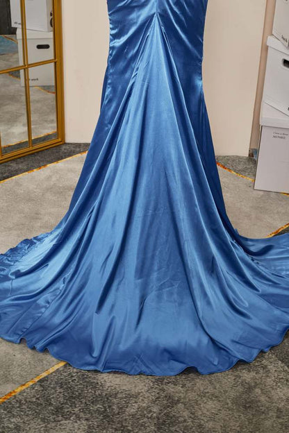 Blue Strapless Mermaid Boned Satin Long Prom Dress with Slit