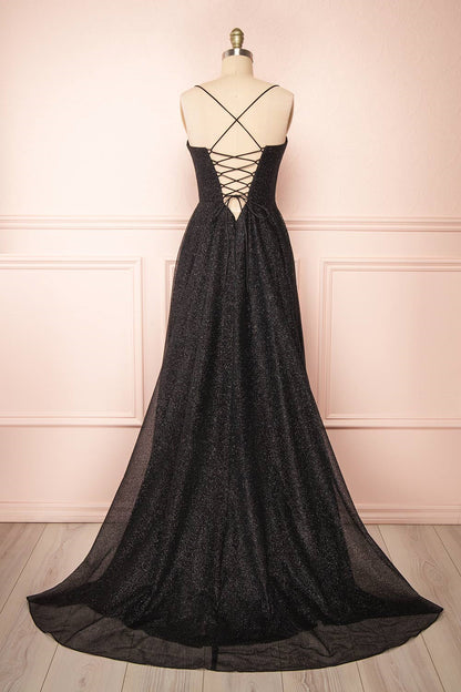 Sparkly Black Lace-Up A-line Sweetheart Long Prom Dress