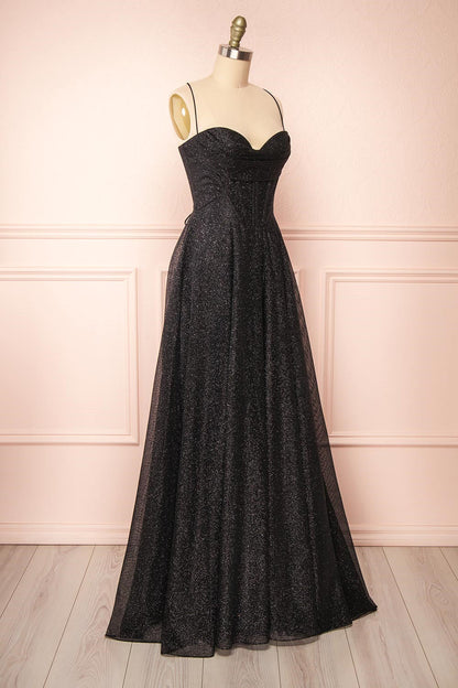 Sparkly Black Lace-Up A-line Sweetheart Long Prom Dress