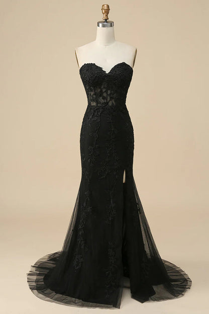 Black Strapless Lace-Up Appliques Long Prom Dress with Slit