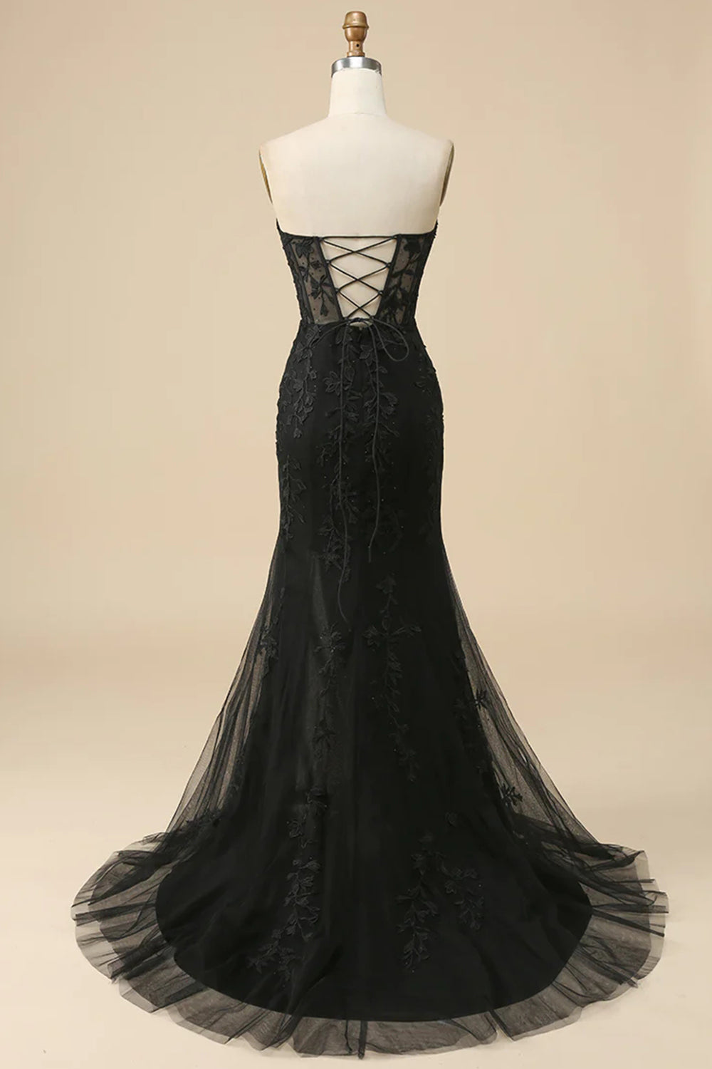 Black Strapless Lace-Up Appliques Long Prom Dress with Slit