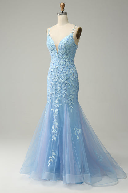 Light Blue Mermaid Lace-Up Appliques Tulle Long Prom Dress