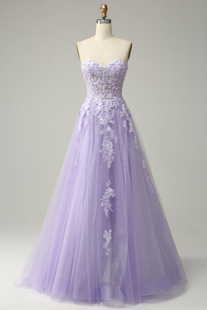 Lavender A-line Appliques Strapless Lace-Up Tulle Long Prom Dress